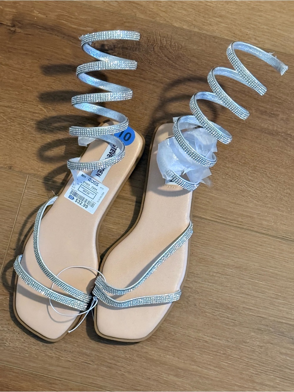 Steve Madden Silver Rhinestone Spiral Wrap Sandals